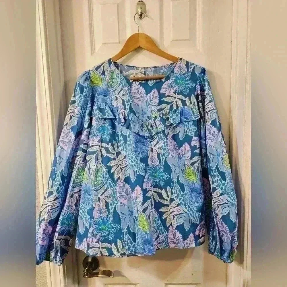 LILLY PULITZER Bernadette Top Macaw Blue Tall Me About It